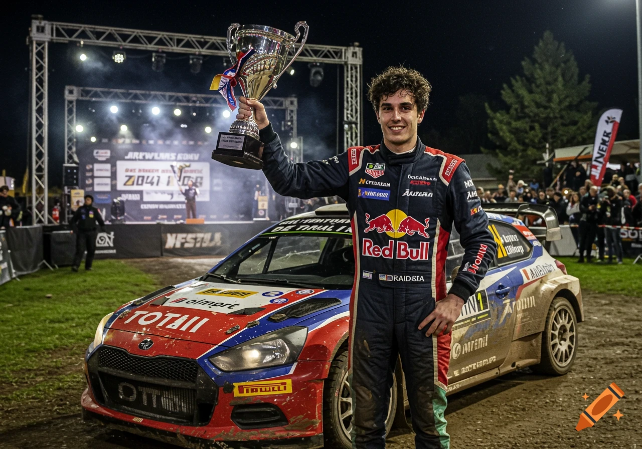 A rally driver holding a trophy stands next to his muddy car on a stage at night.