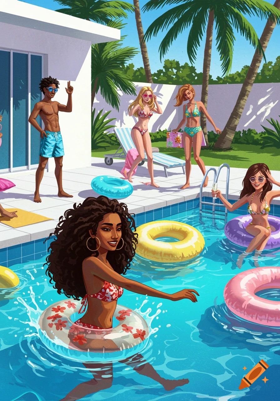 Illustration of people enjoying a pool party with floaties and palm trees.