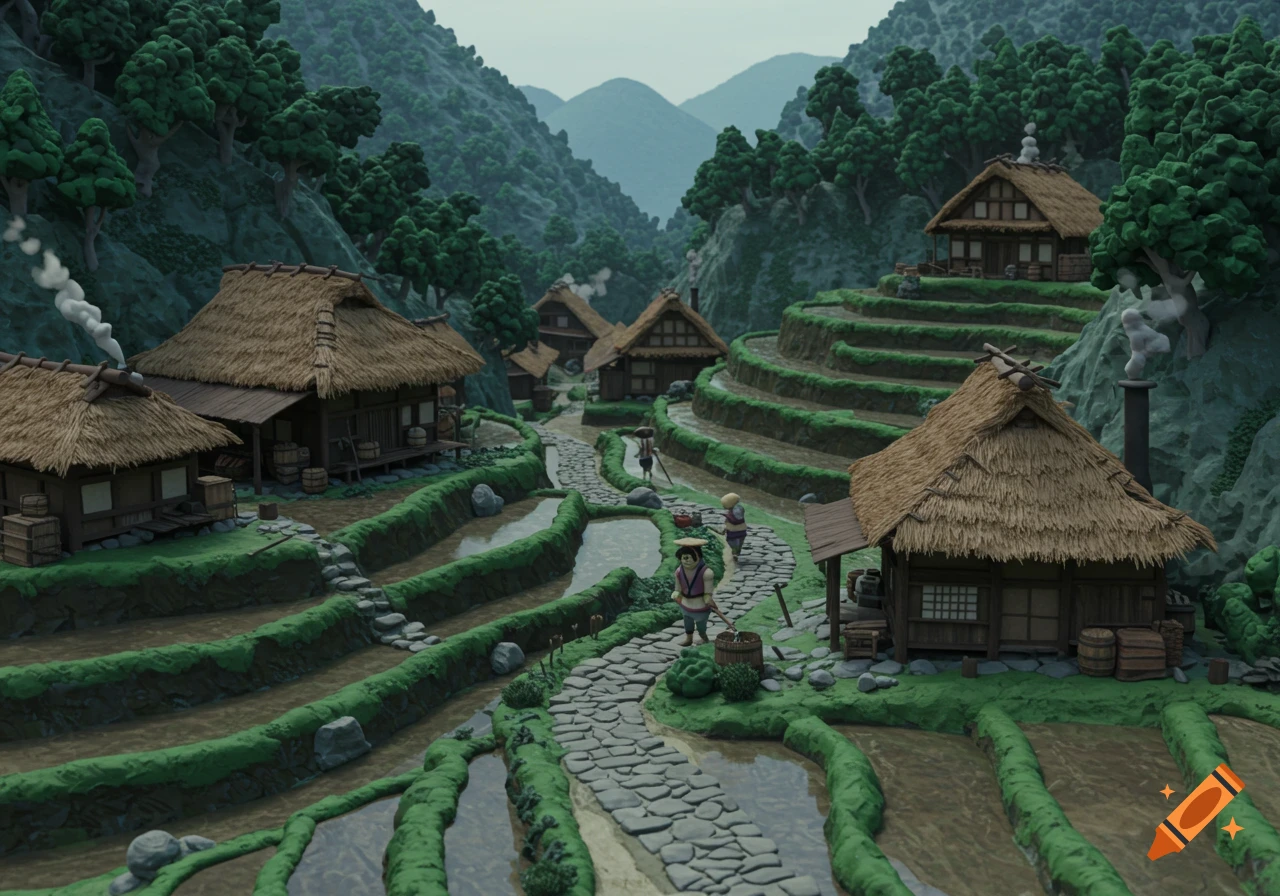 Claymation style feudal Japanese mountain village with terraced rice paddies and traditional houses.