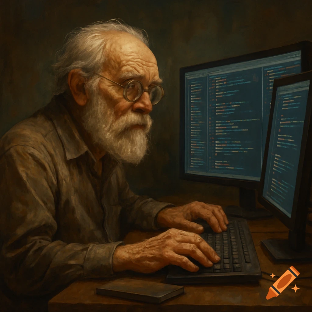 An old man with a beard and glasses typing on a keyboard in front of two screens showing code.