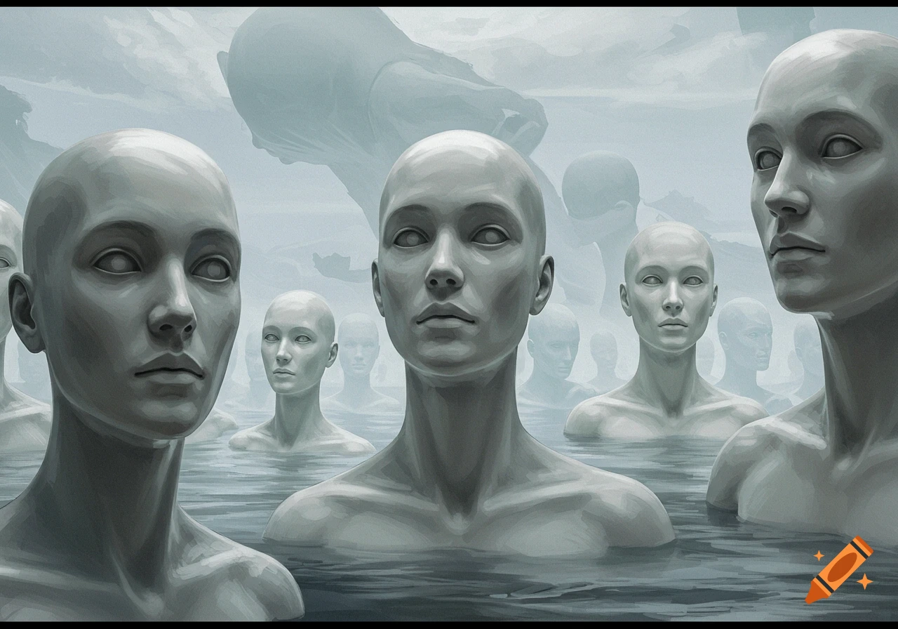 Multiple bald, pale figures with blank eyes emerge from dark water in a foggy, surreal environment.