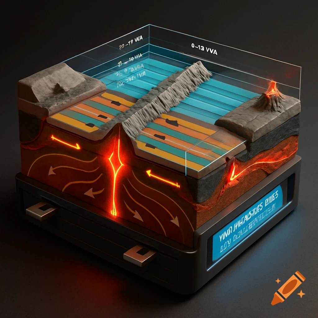 3D diagram of seafloor spreading with geological layers, magma, and subduction zones