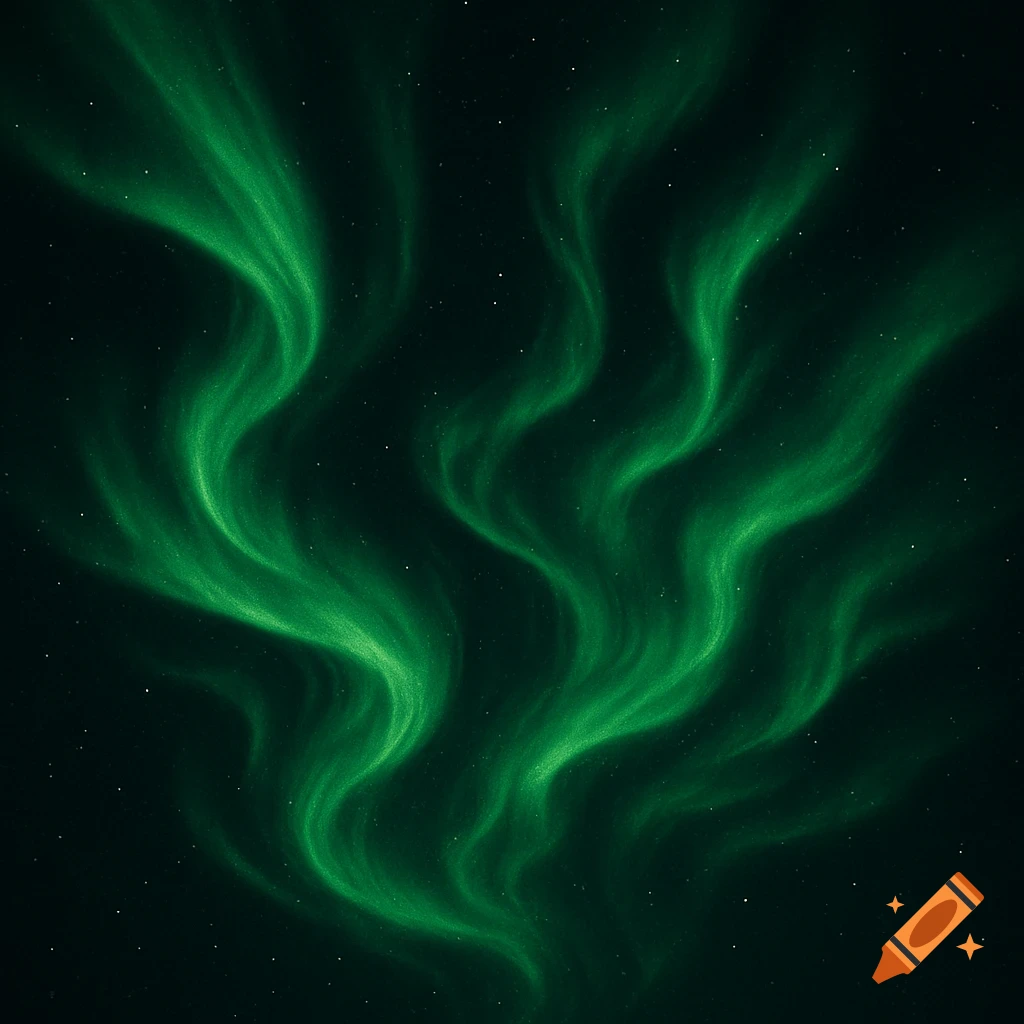 Green aurora borealis lights swirl in a dark starry sky.