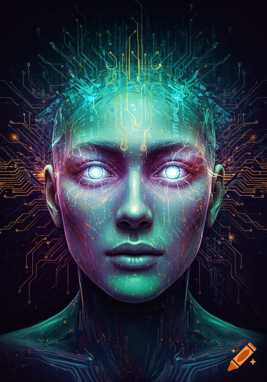 Digital art of a human-like face covered in circuit patterns with glowing eyes, representing artificial intelligence.
