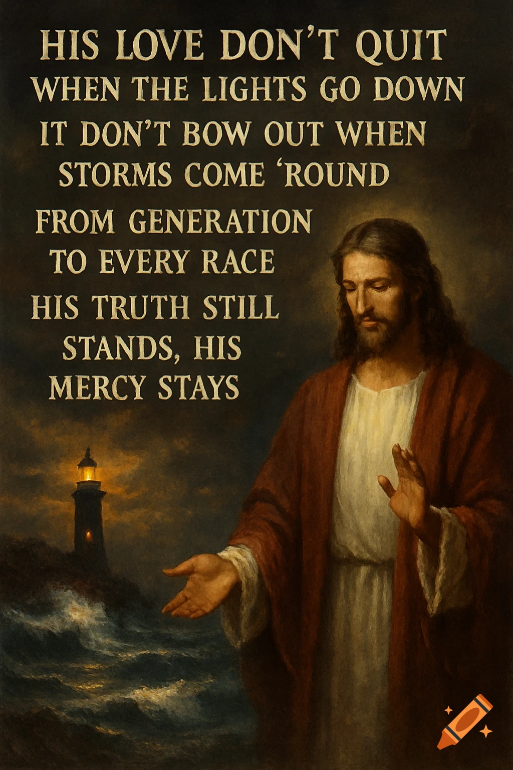Painting of Jesus next to a lighthouse during a storm, with religious text overlay.