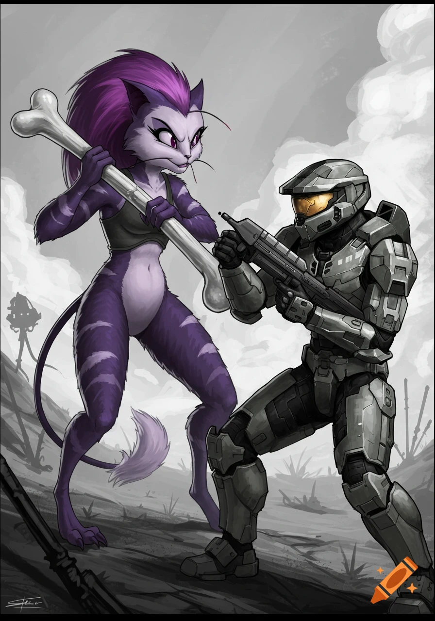 Purple cat furry fights Master Chief with a bone in a barren landscape, illustration.