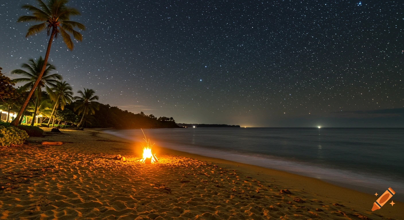 Campfire on a beach at night under a starry sky with palm trees.