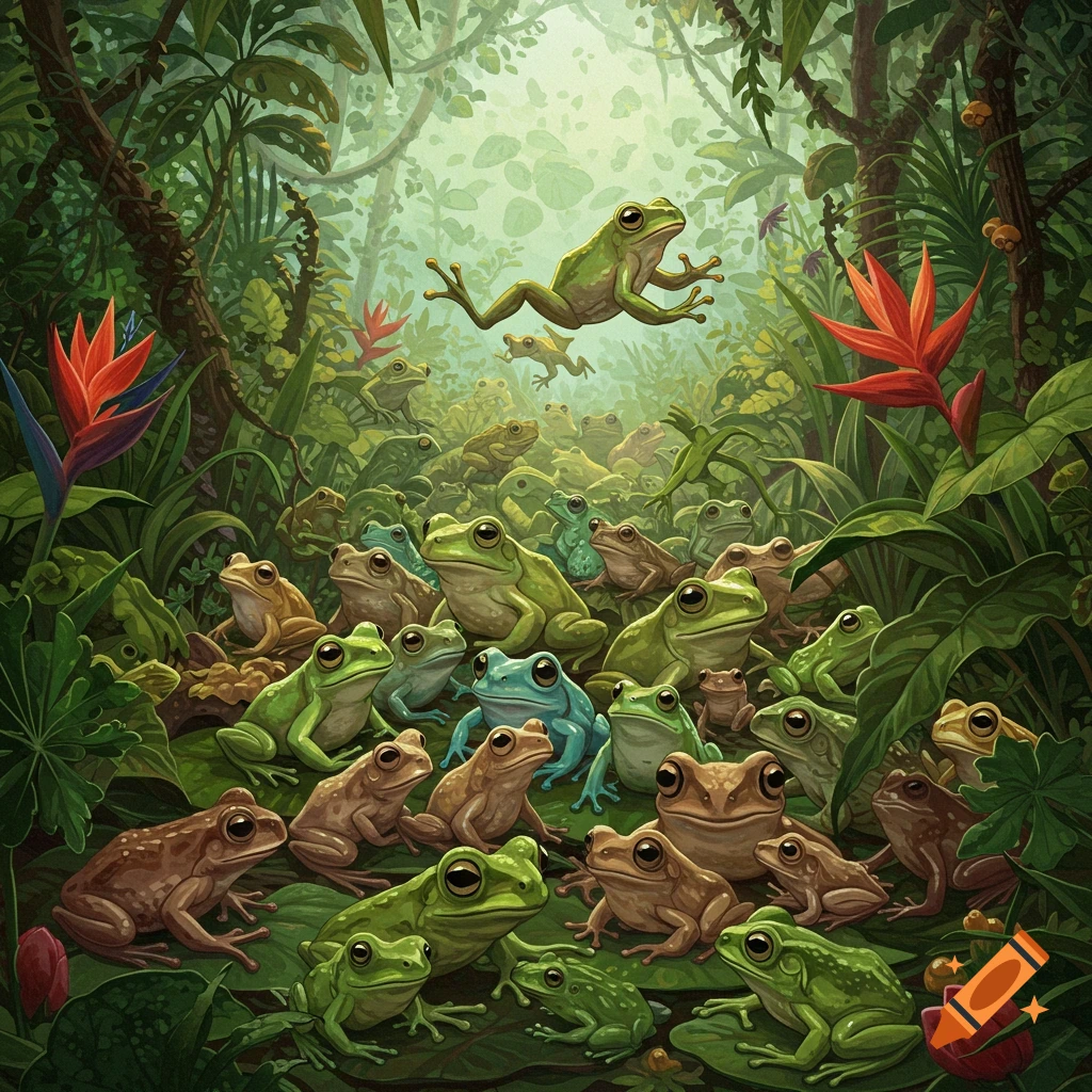 Many frogs in a lush green jungle, one jumping above the others.