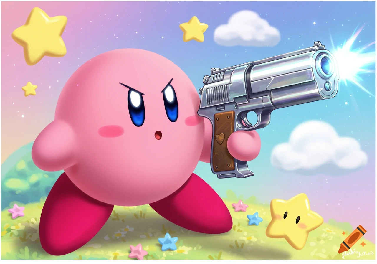 Kirby holds a large silver gun, aiming forward in a colorful landscape with stars.