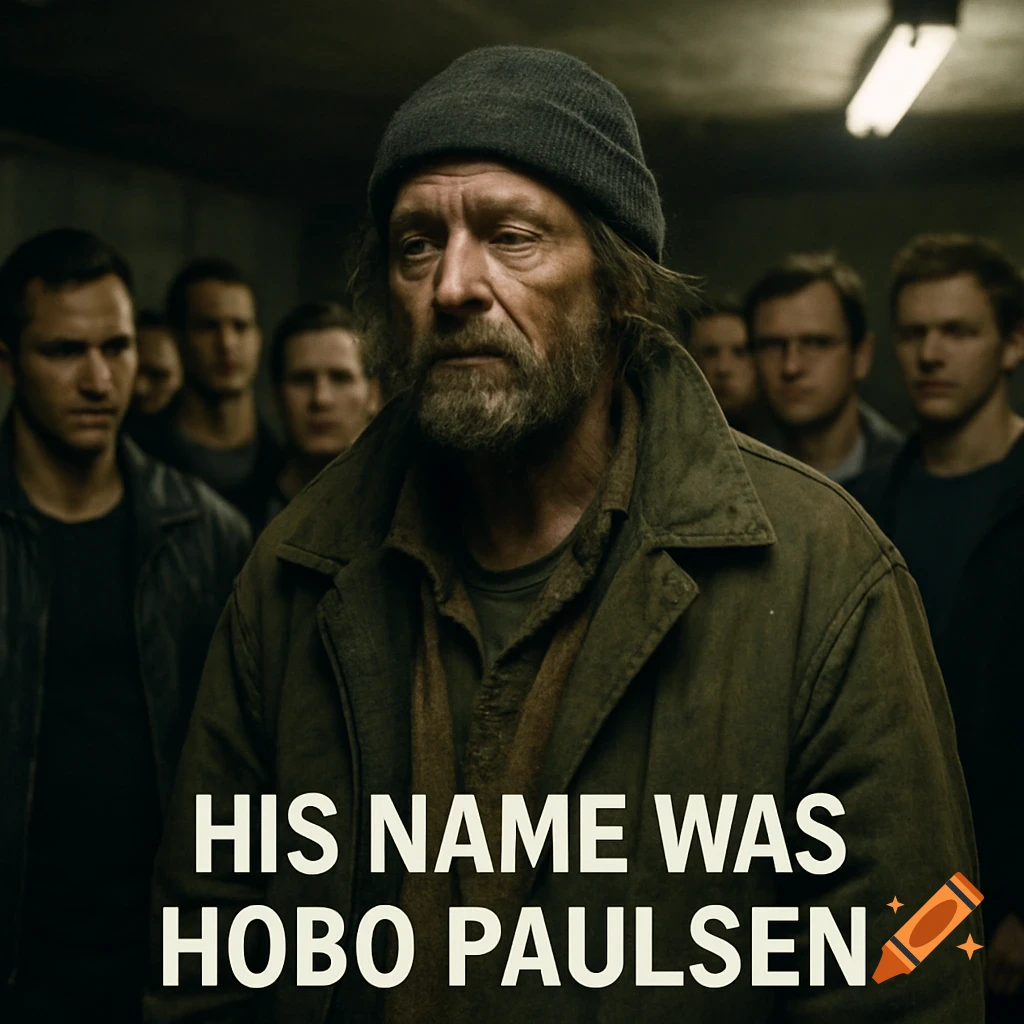 Realistic portrait of a man with a beard and beanie in a dark room with others, text reads 'HIS NAME WAS HOBO PAULSEN'