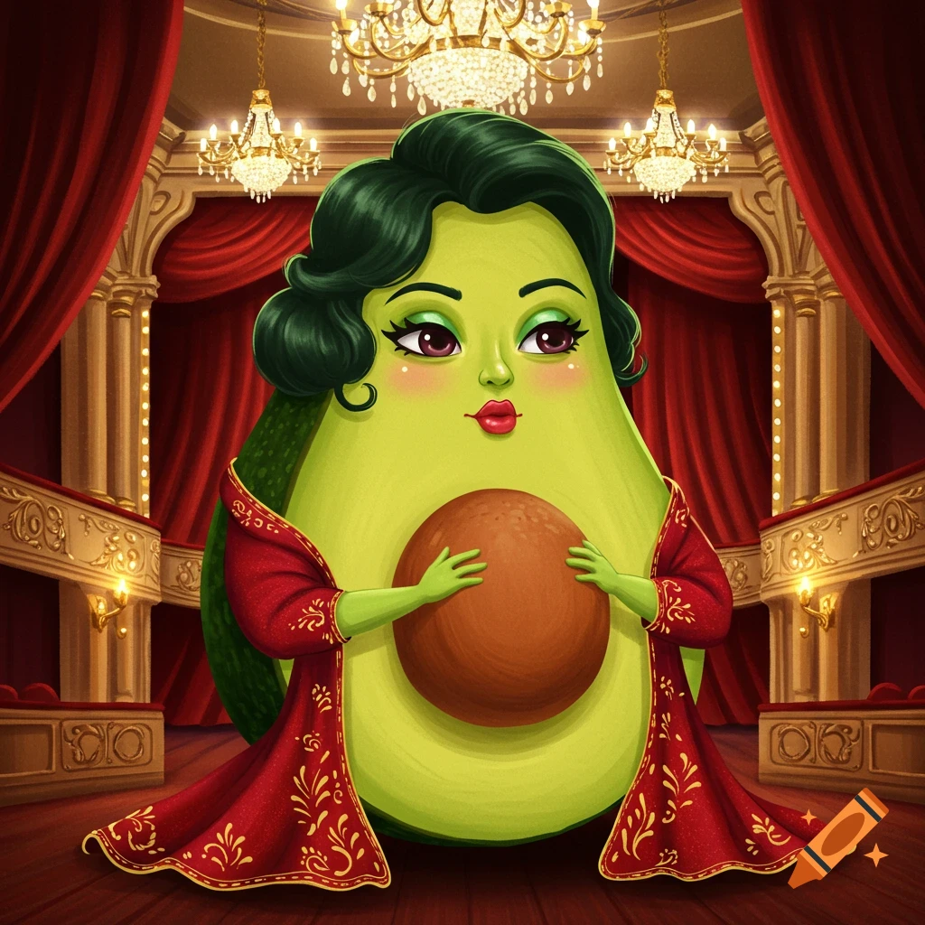 Cartoon avocado in a red opera dress holding its pit in a theatre