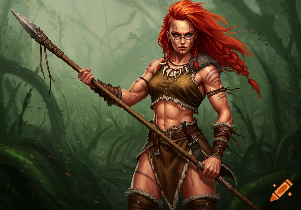 Redheaded barbarian woman holding a spear in a forest.