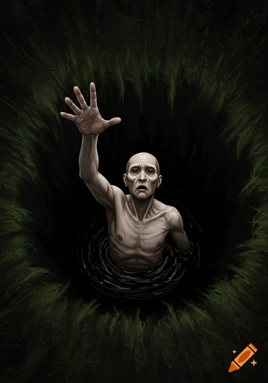 A pale, gaunt figure reaches upwards from dark water or vegetation, dark art style.