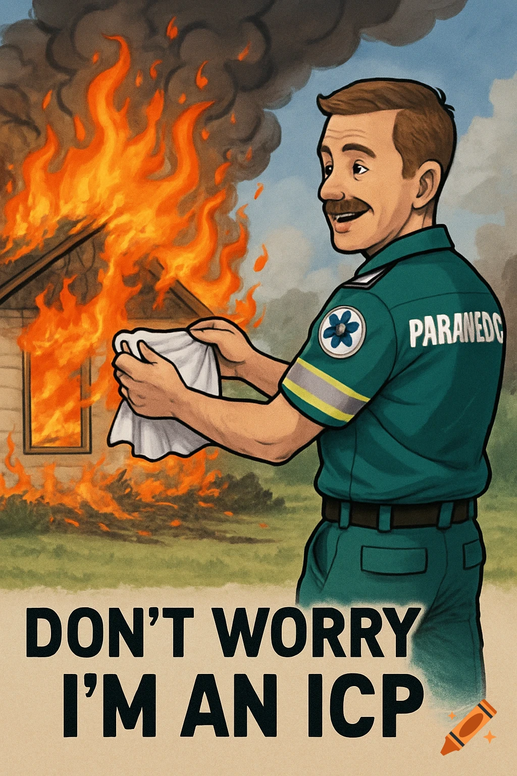 Illustration of a paramedic with a small cloth in front of a burning house. Text reads 'DON'T WORRY I'M AN ICP'.