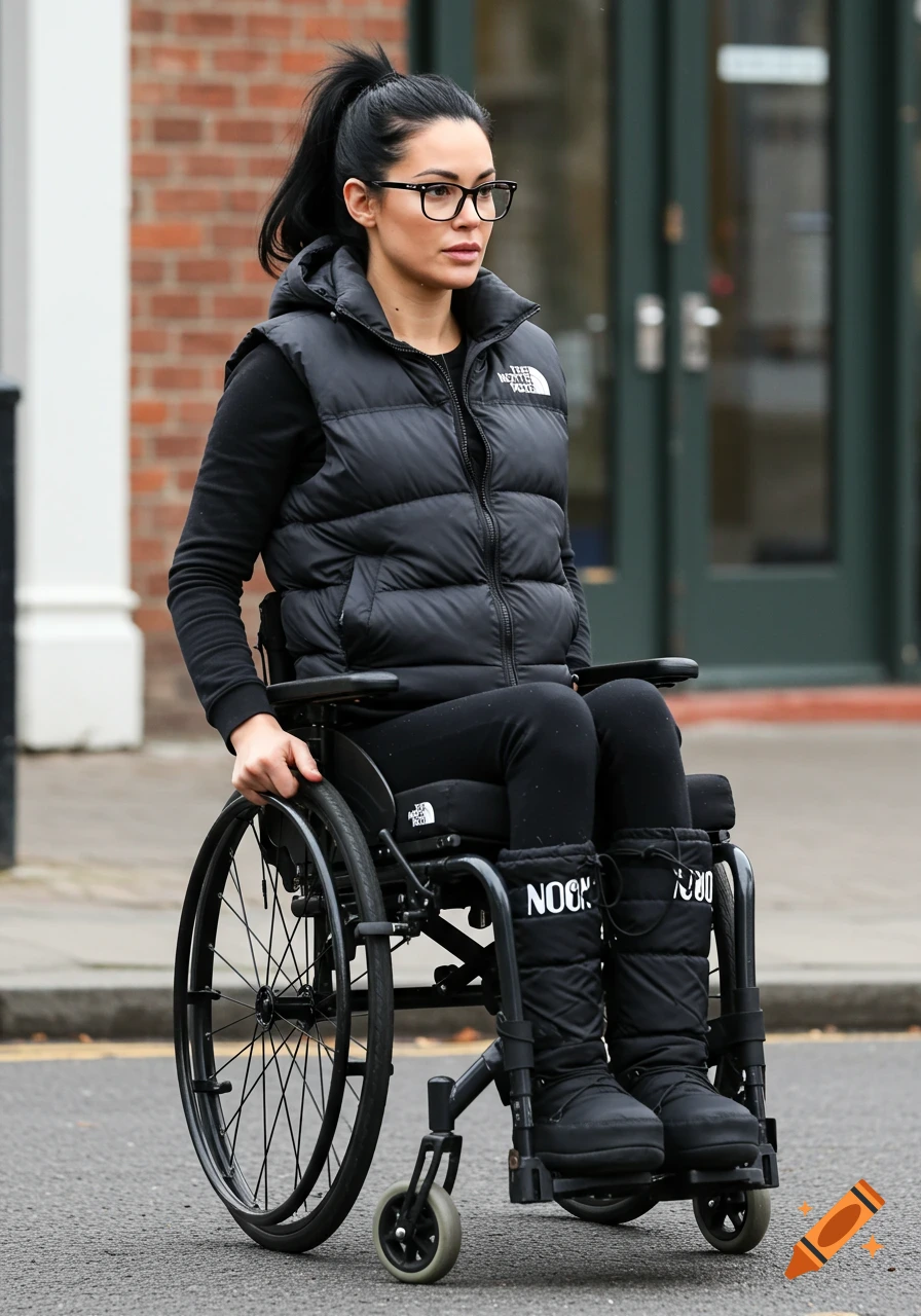 A woman in glasses, black puffer vest, leggings, and boots pushes a wheelchair on a street.