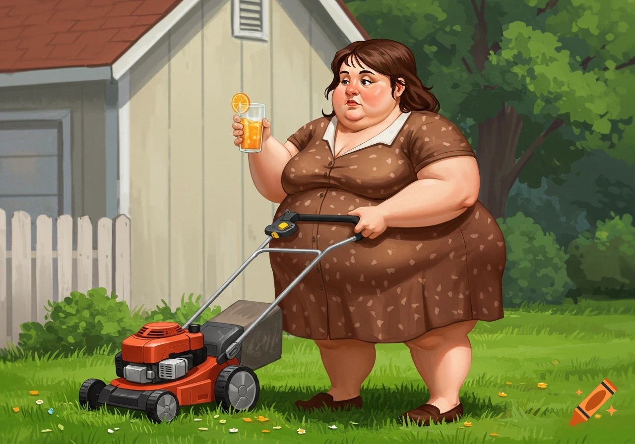 An illustrated woman in a brown dress mows a lawn while holding a glass of orange juice.