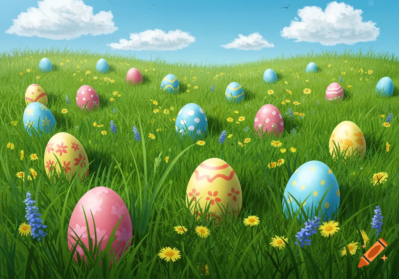 Colorful Easter eggs are scattered throughout a grassy field with small yellow and blue flowers under a blue sky with clouds.