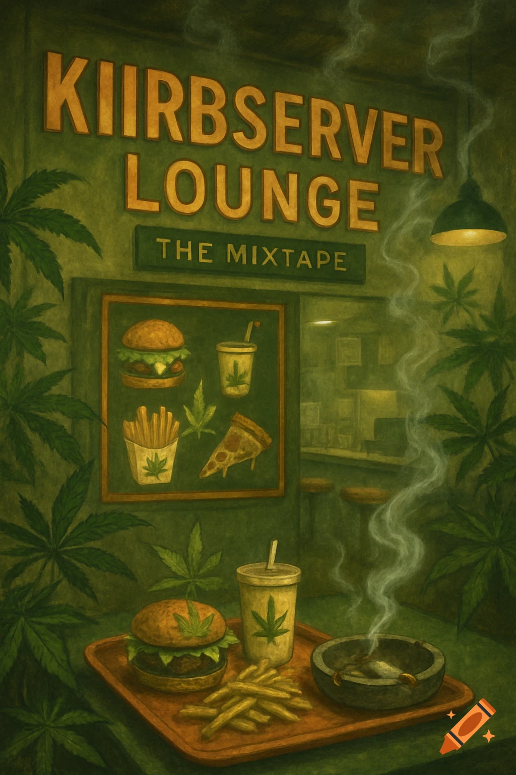Painting of a cannabis themed restaurant with food and smoke.