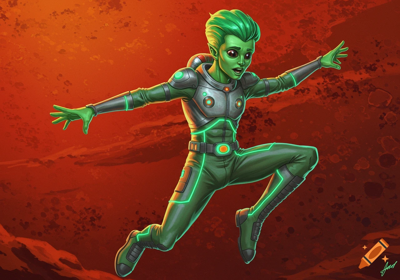 A green alien character in a futuristic suit leaps against a reddish-orange background.