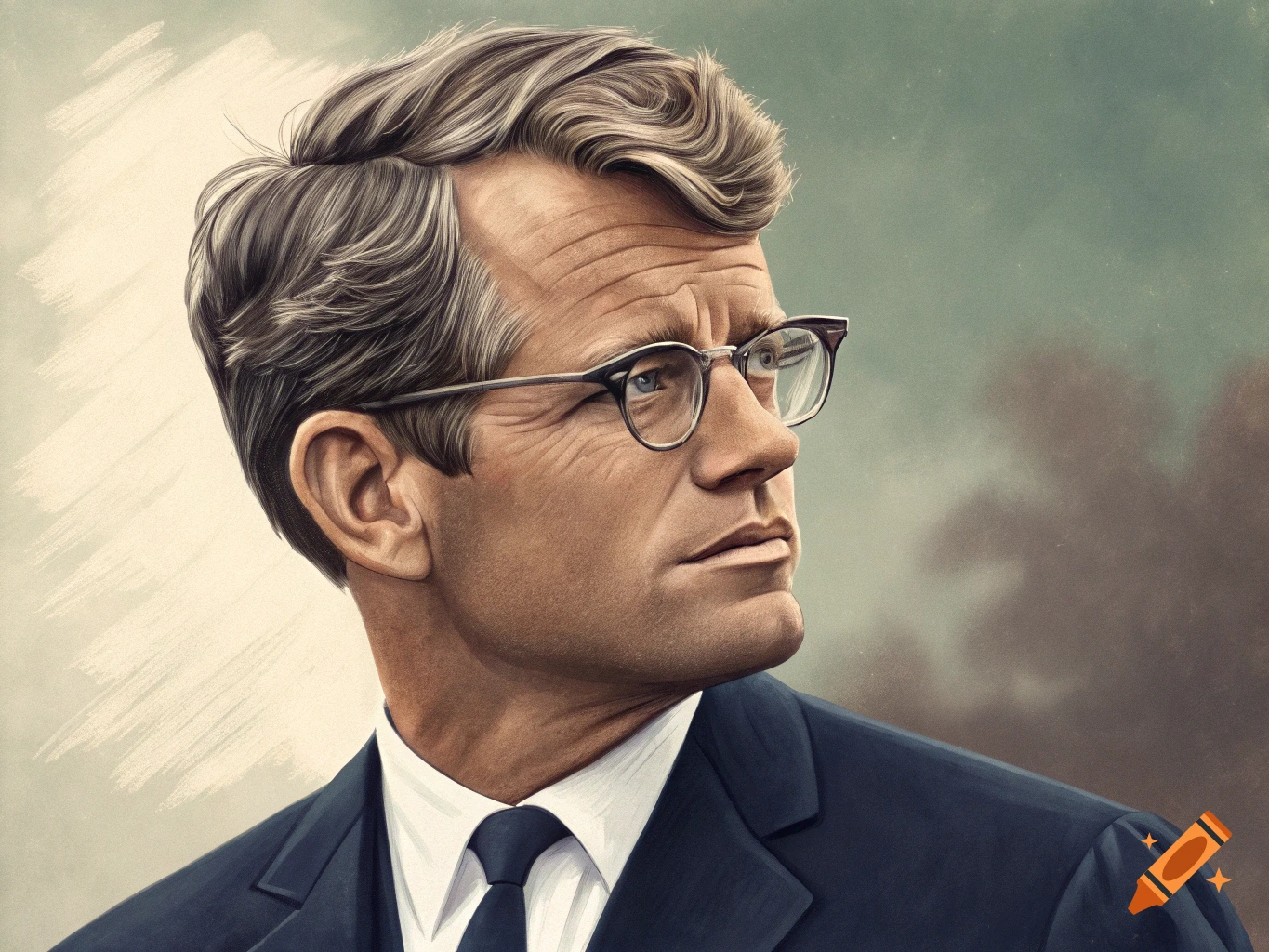 Portrait of a man resembling Robert F. Kennedy in glasses and suit, looking left.