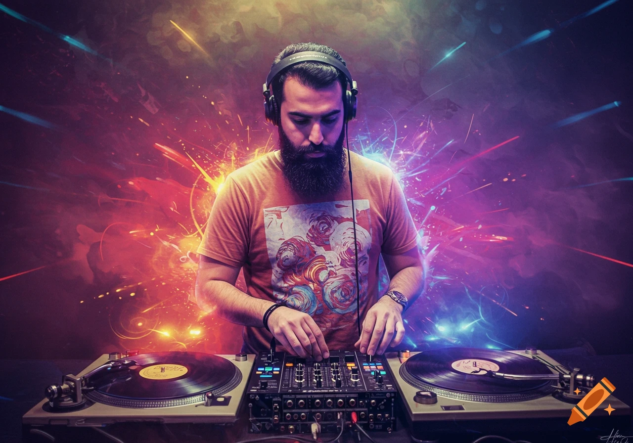 A bearded DJ with headphones is mixing on turntables and a controller, surrounded by colorful, energetic light effects.