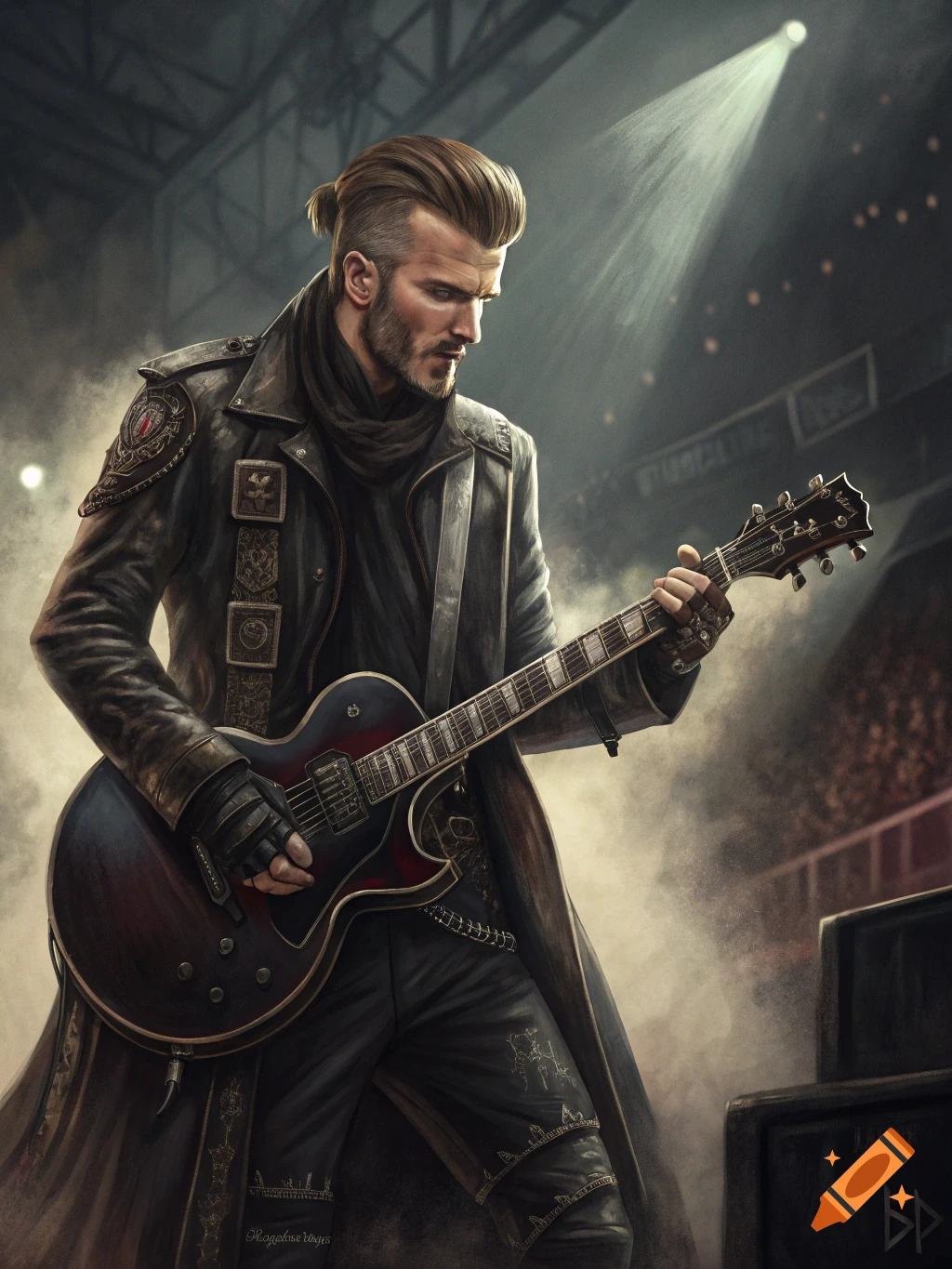 A man with a rock hairstyle and leather coat plays an electric guitar on a stage under a spotlight. Digital painting.