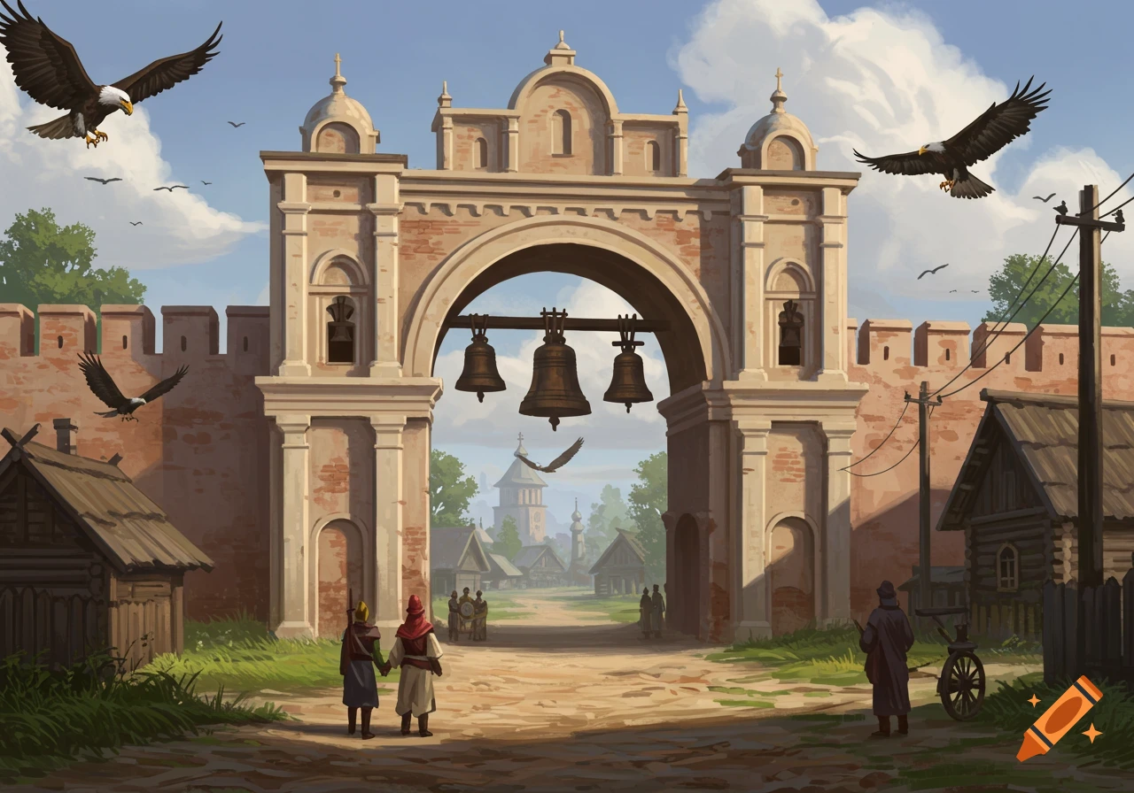Illustrative scene of two figures at a large stone gate with bells, looking towards a village under flying eagles.