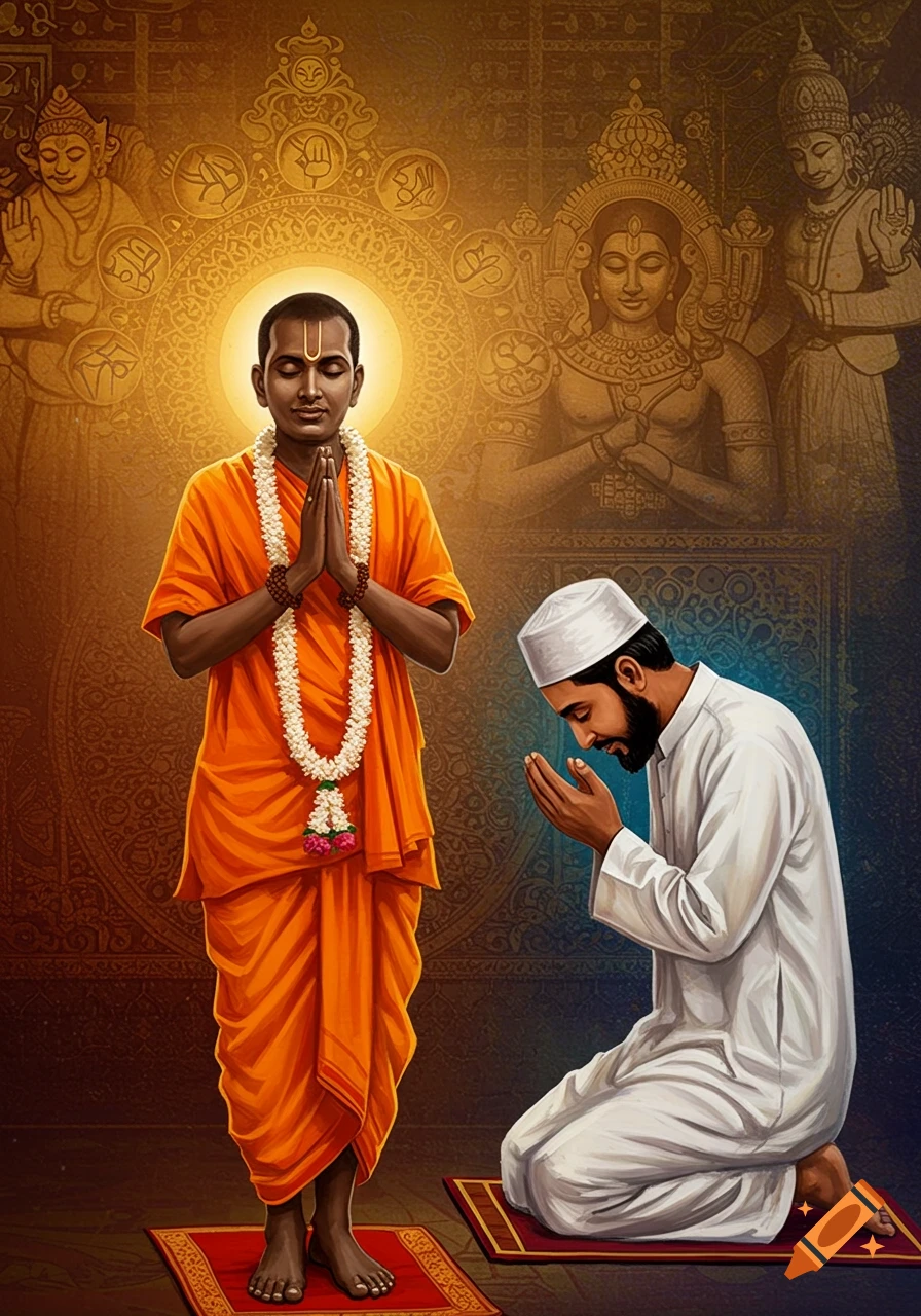 Hindu man in orange robe and Muslim man in white robe praying side-by-side against a gold background with motifs.