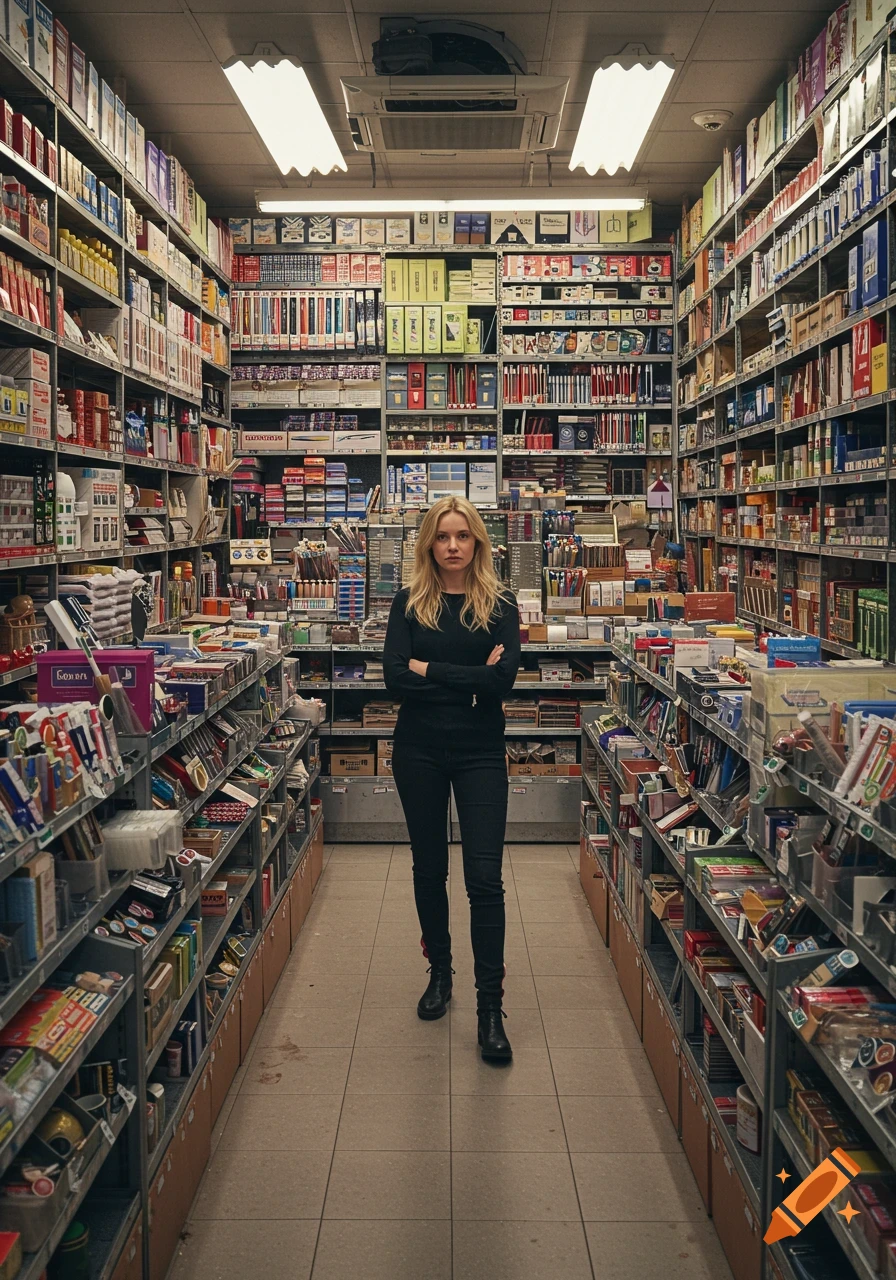 A woman stands in the aisle of a narrow store packed floor-to-ceiling with shelves of items. Photorealistic style.