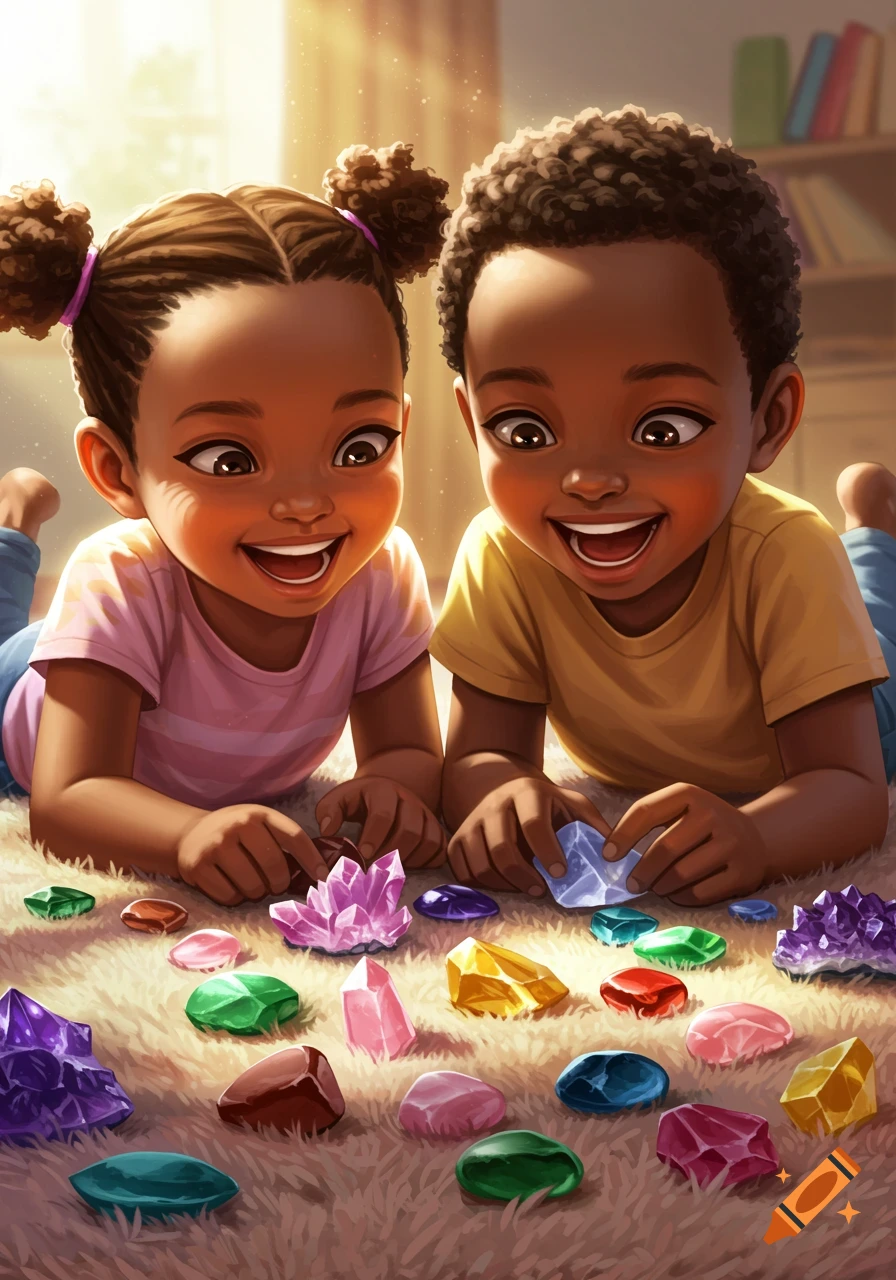 Two happy African children playing with colorful crystals on a furry rug.