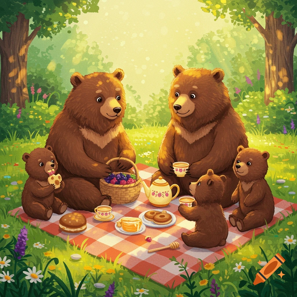 Cute illustration of a bear family having a picnic on a red and white blanket in a sunny forest clearing.