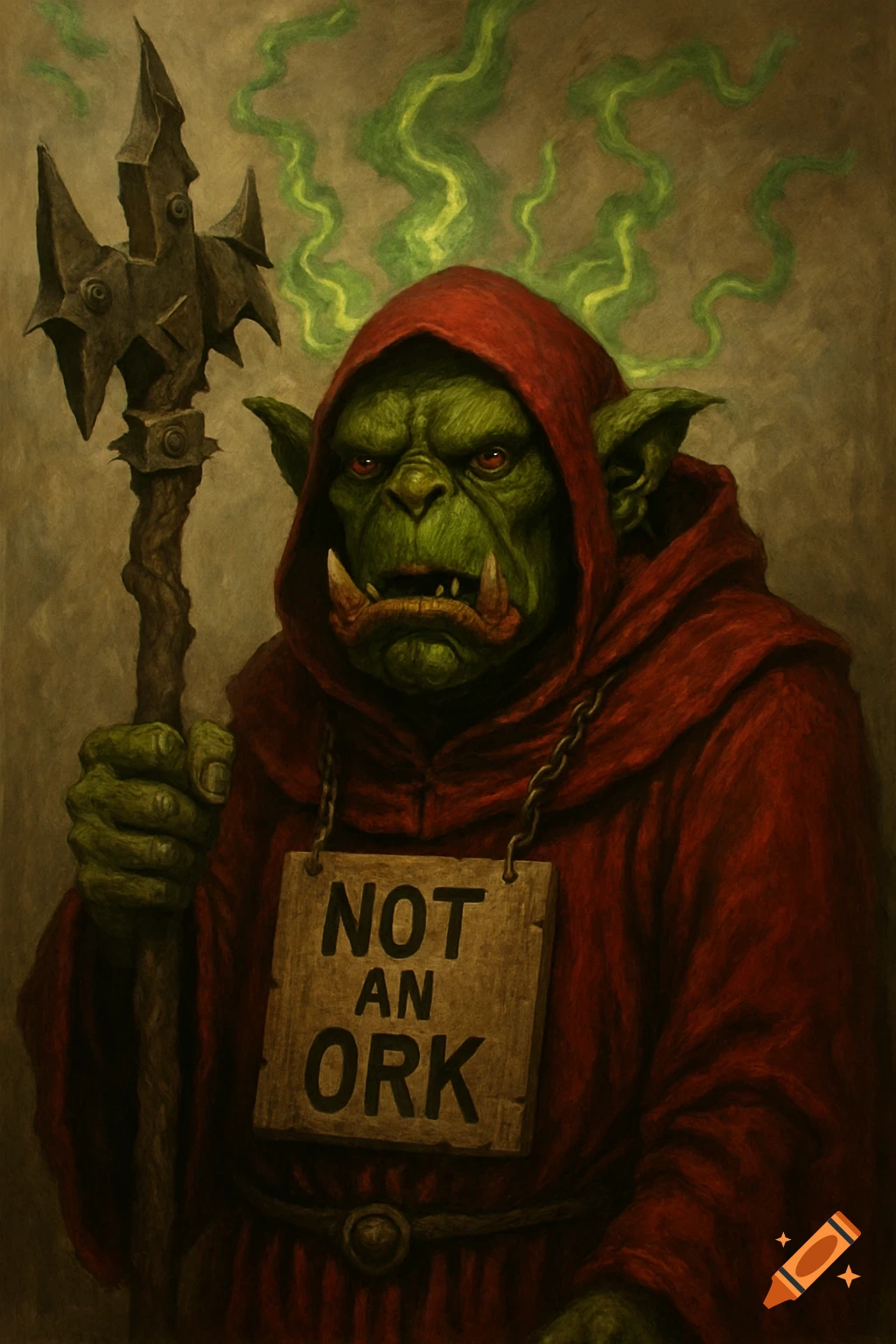 Fantasy portrait of a green orc in red robes holding a staff and a sign saying NOT AN ORK.