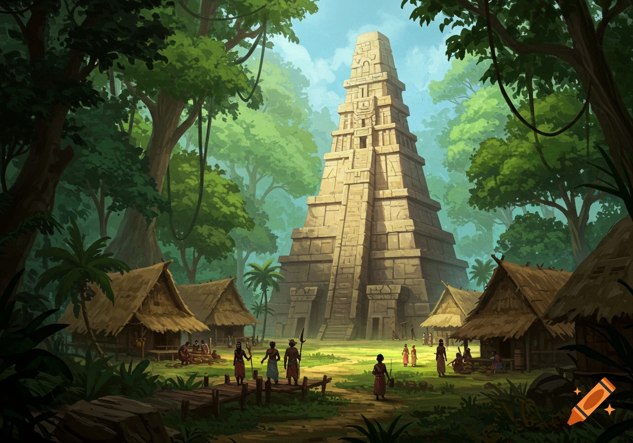 A large ziggurat overlooks a jungle village with thatched huts and people.