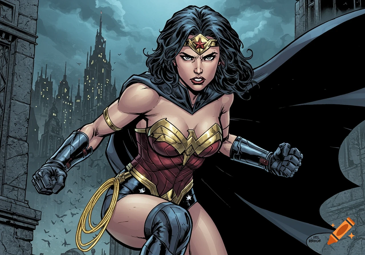 Comic art of Wonder Woman wearing a dark costume and cape, standing in a gothic city.