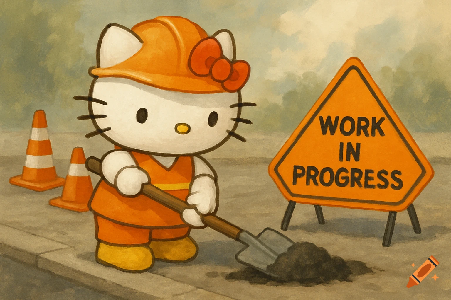 Hello Kitty in construction gear with a shovel next to a 'WORK IN PROGRESS' sign and traffic cones.