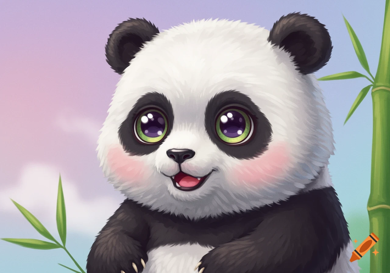 Close-up cartoon illustration of a cute panda with big eyes and rosy cheeks, with bamboo.