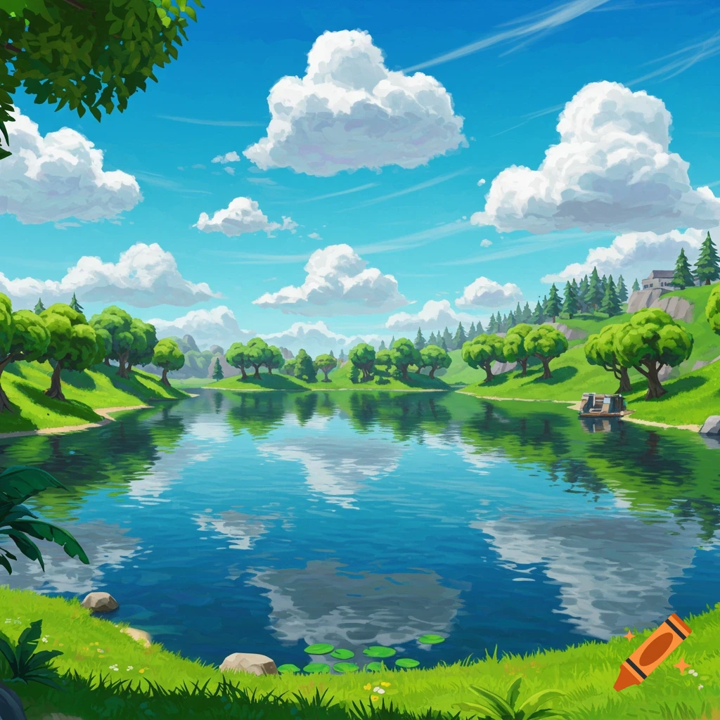 Stylized landscape featuring a lake reflecting clouds, surrounded by green hills and trees, in the style of Fortnite.