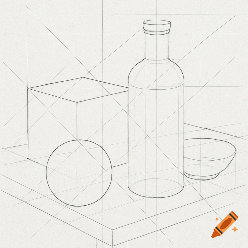 Technical drawing of a still life with a cube, sphere, bottle, and bowl ...
