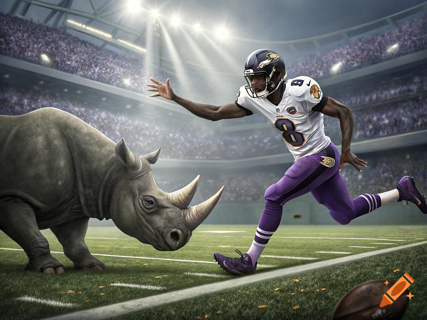 Football player in purple uniform jukes a rhino on the field.