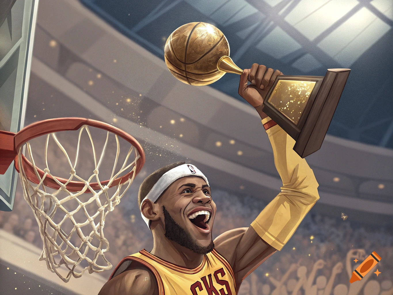 Illustration of a basketball player holding a trophy and basketball aloft in a stadium.