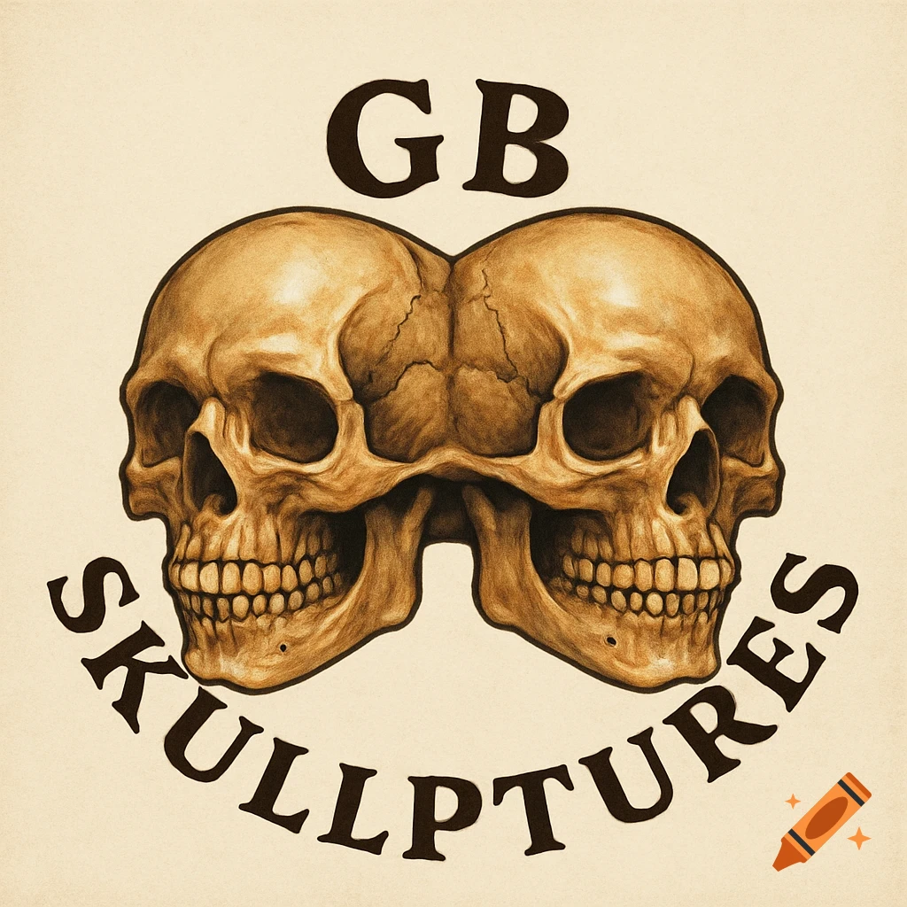 Logo with two fused skulls and the text GB Skullptures in a stylized drawing.