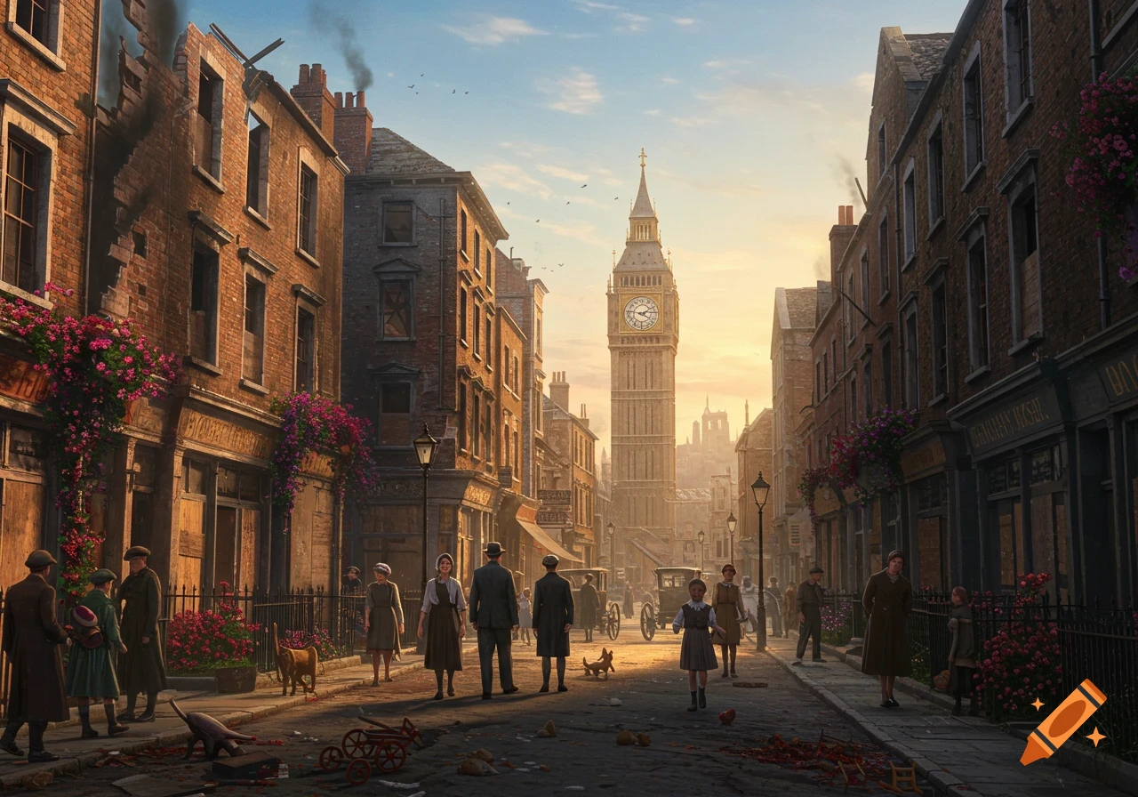 Historical London street scene with people, damaged buildings, and Big Ben at sunset.
