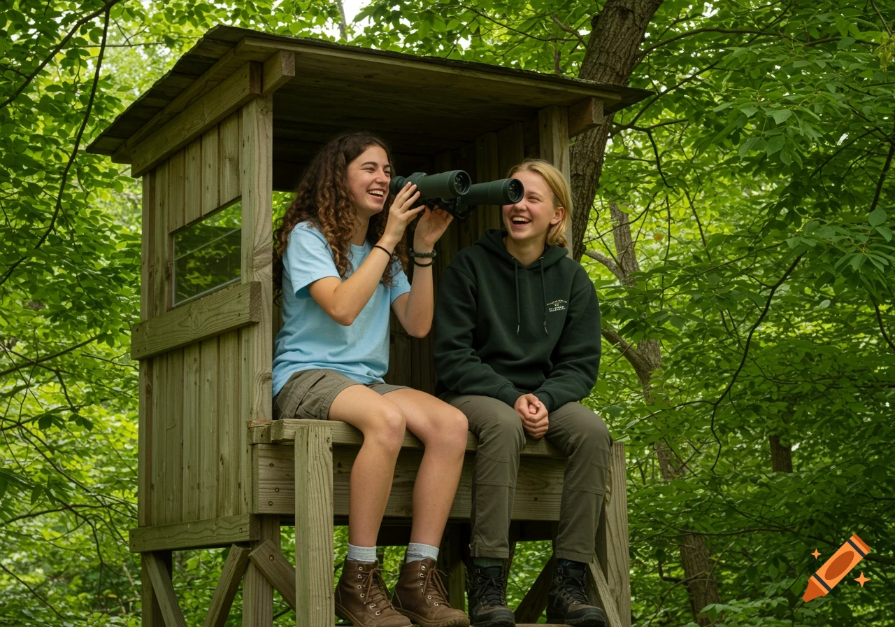 Two girls look through binoculars from a tree stand in a forest.