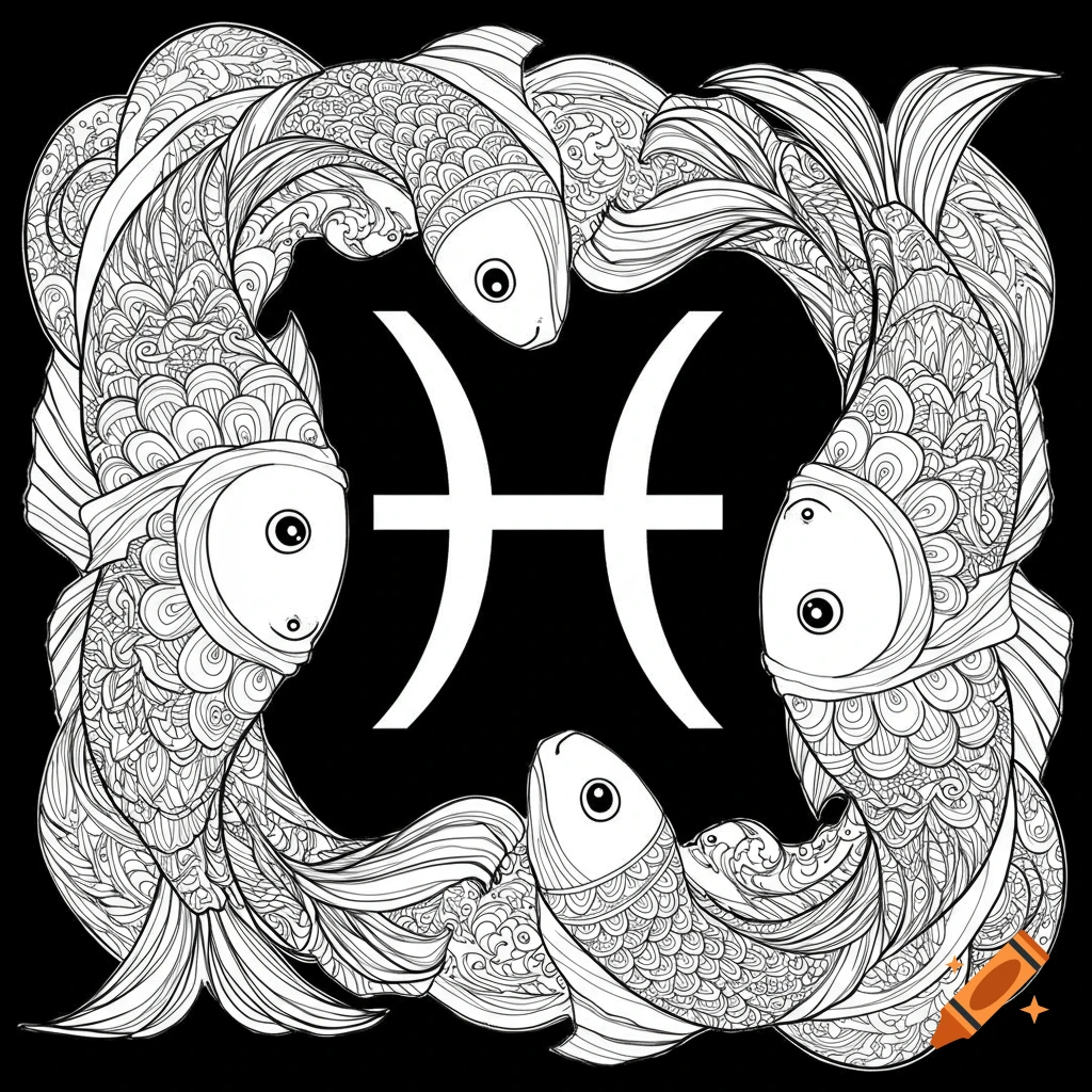 Black and white line drawing of fish surrounding the Pisces zodiac symbol.