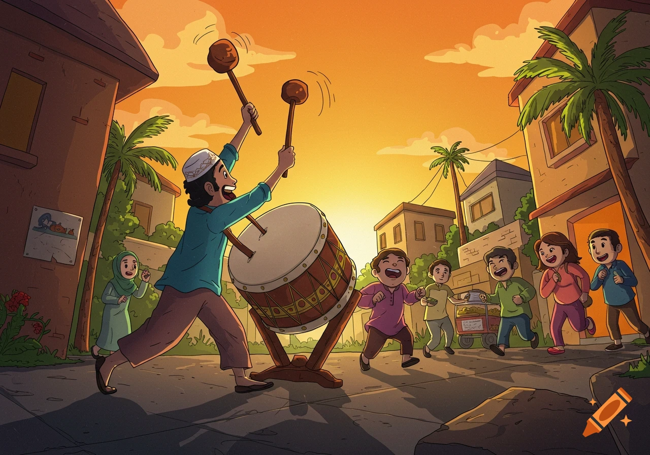 Illustration of a man drumming to wake people for Sahur during Ramadan at sunset.