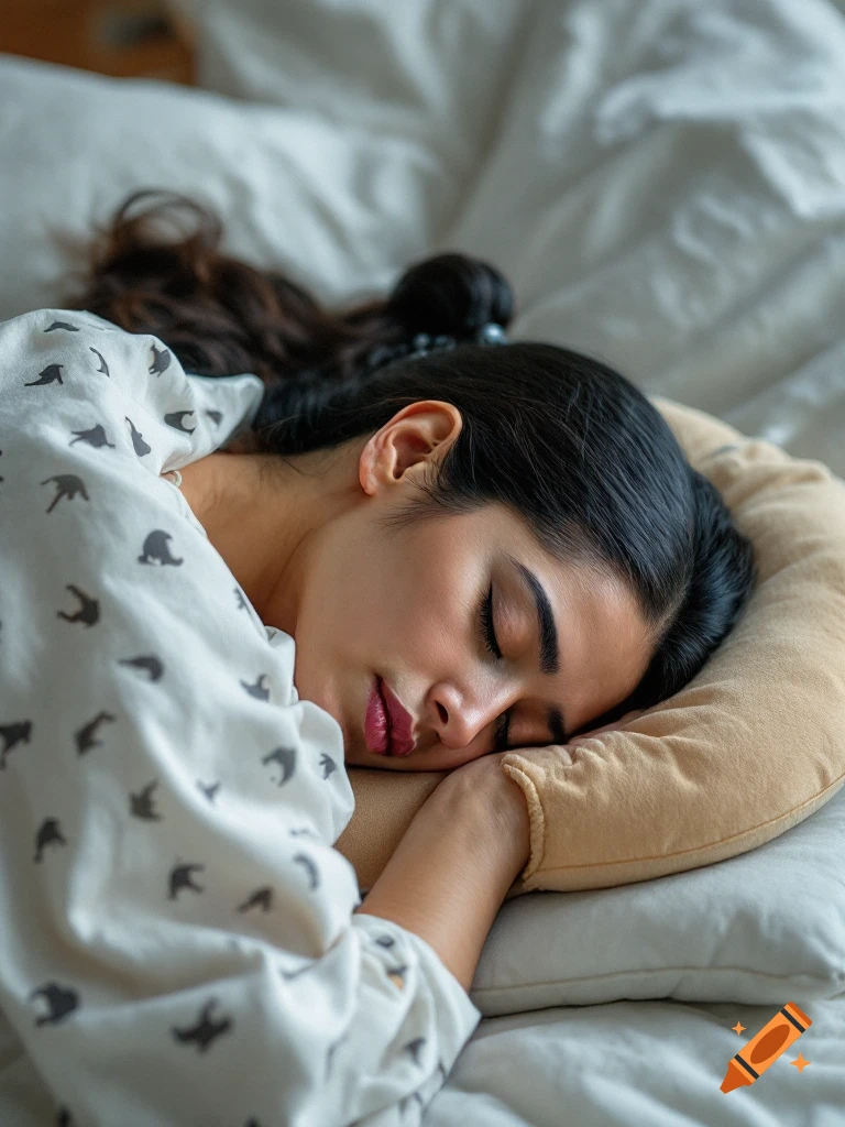 Close-up of a woman sleeping on a pillow in a bed.