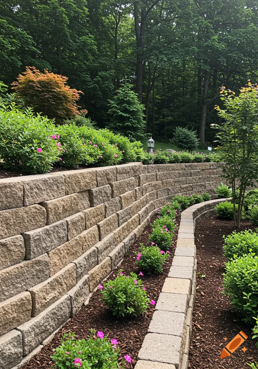 A curved stone retaining wall in a garden setting, with plants, flowers, and trees.