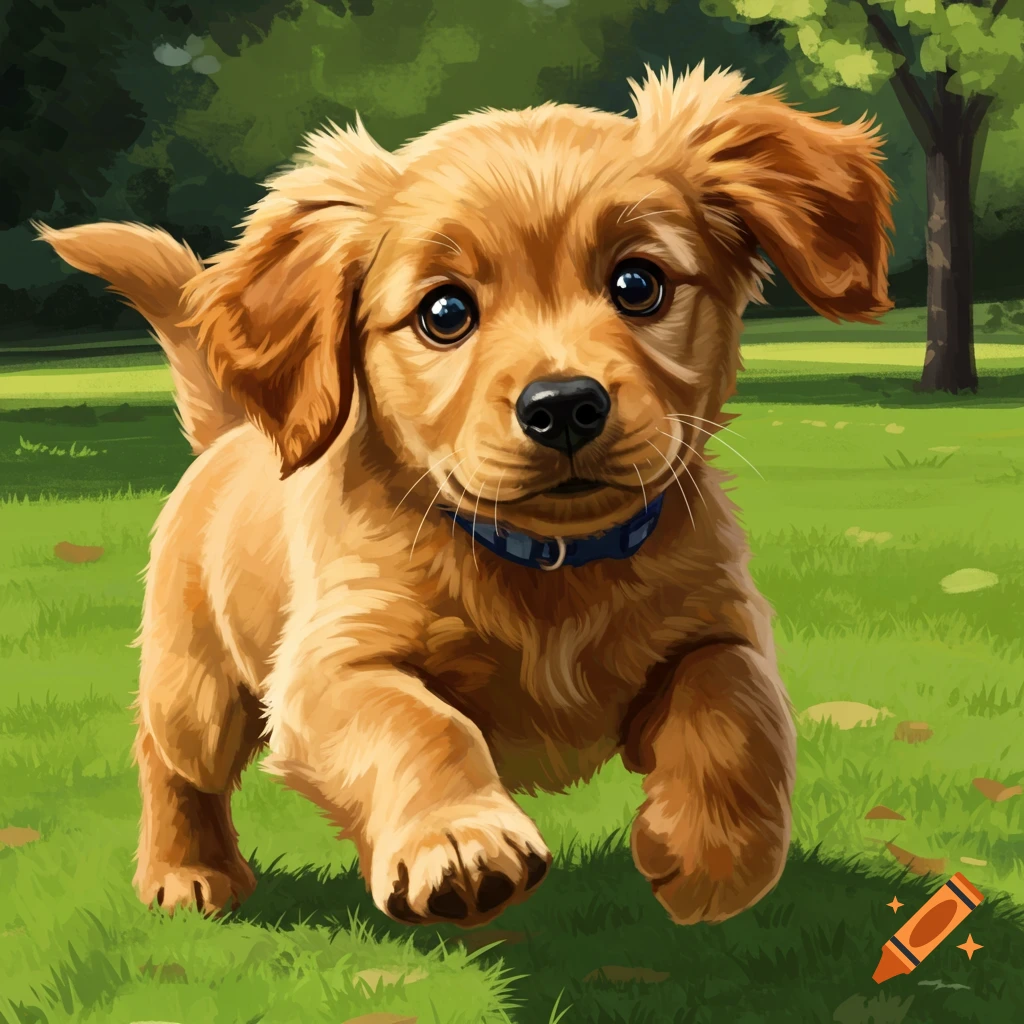 Cute golden retriever puppy running through green grass in a park. Digital painting.