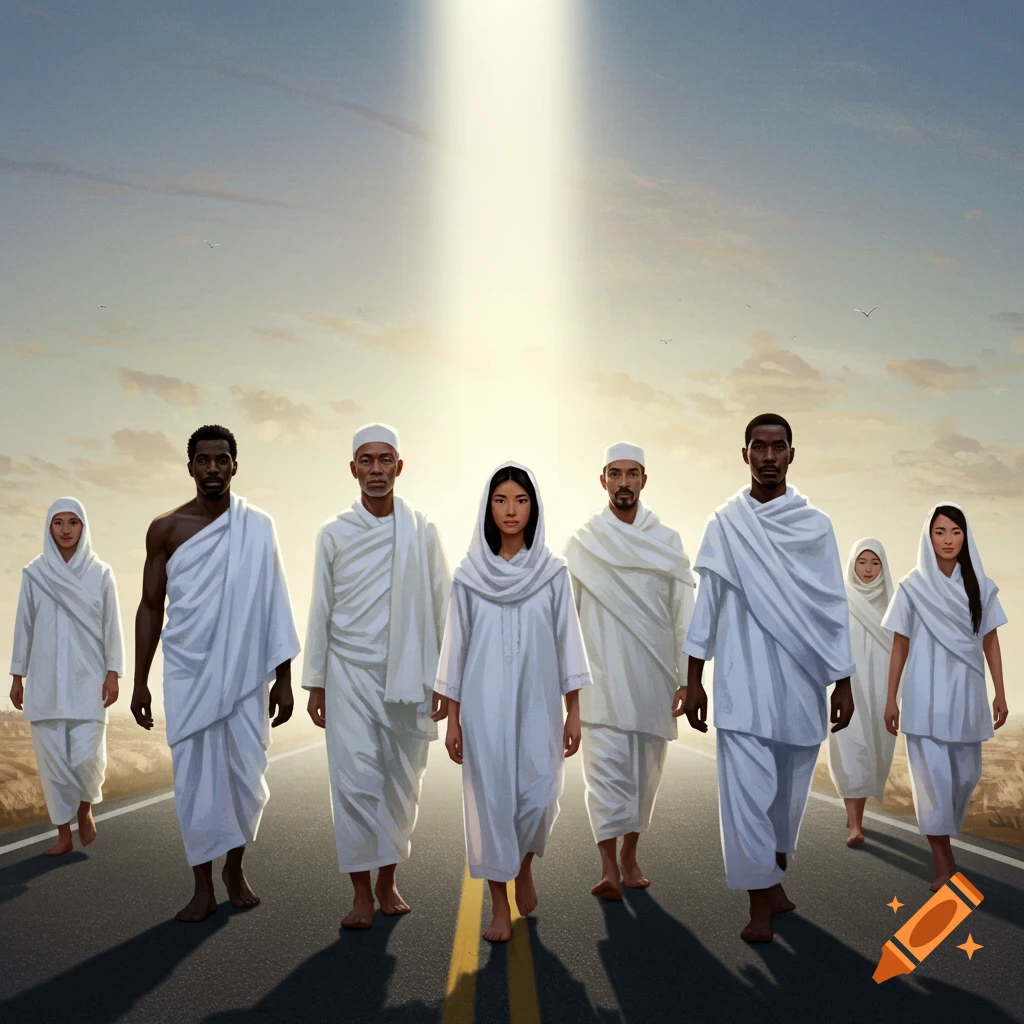 Diverse group in white robes walks down a road towards a bright light.