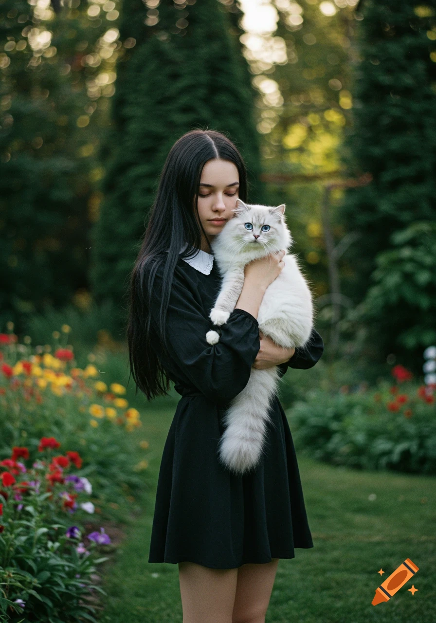 A young woman in a black dress holds a white cat in a garden filled with colorful flowers.